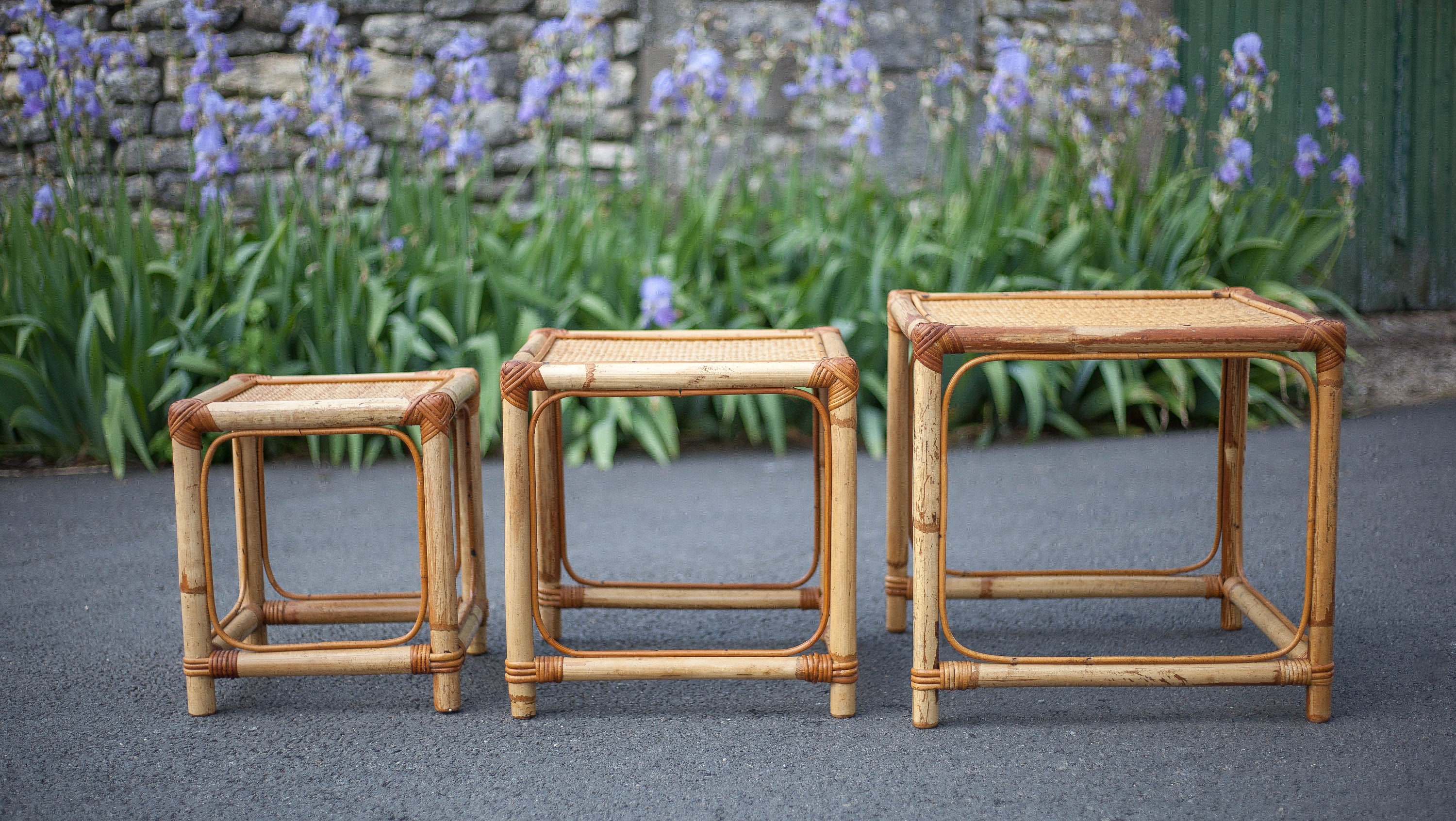 Rattan Coffee Table, Rattan Nesting Table, Side Tables, Trio of Rattan