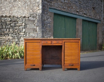 Bureau bois à rideaux et tiroirs coulissants , meuble de rangement, bureau vintage