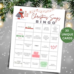 30 unieke kerstliedbingokaarten, kerstspel voor volwassenen, kerstfamiliefeestspel, kerstliedbingo, kerstmuziekbingo
