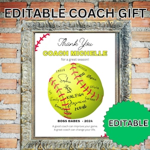 Tarjeta de agradecimiento para entrenador de softbol editable, tarjeta de agradecimiento para entrenador de softbol, tarjeta de agradecimiento para entrenador de softbol, letrero de softbol, premio de softbol