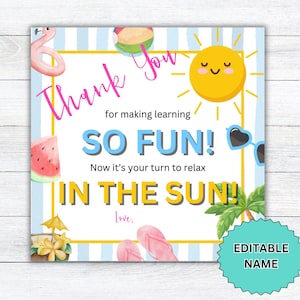 Bewerkbaar Summer Fun in Sun-cadeaukaartje, waardering leraar, einde schooljaar, bewerkbaar cadeaukaartje, cadeau leraar leraar afdrukbare download