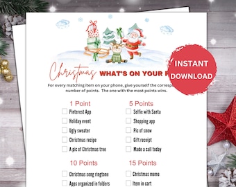 May include: A printable Christmas game with a watercolor illustration of Santa Claus and a reindeer pulling a sled with presents. The game asks players to find items on their phone and award points for each item found.  The game includes items like a selfie with Santa, a Christmas recipe, a Christmas meme, and a Christmas video.