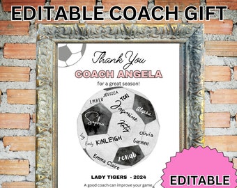 EDITABLE Apreciación del entrenador de fútbol imprimible, regalo del equipo imprimible, tarjeta de agradecimiento del entrenador de fútbol, signo de fútbol, premio de fútbol