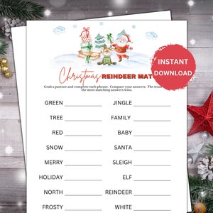 Christmas Reindeer Match Game, Christmas Game Printable, Family Christmas game, Christmas Party Game, School Christmas Game, Office Game