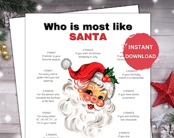 May include: A printable Christmas game with a cartoon image of Santa Claus. The game asks "Who is most like Santa?" and lists various questions with points assigned to each answer.  The game instructs players to add up their points to see who is most like Santa.
