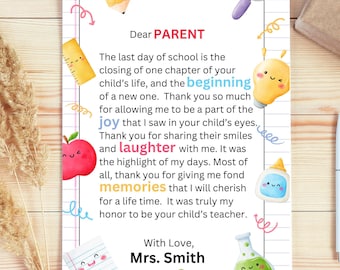 Editable End of School Year Letter to Parent, Last Day Of School Gift,  Teacher Gift to parents, Parent Teacher Card, End Of Year Gift