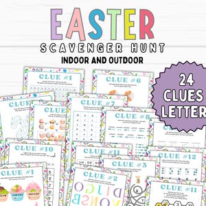 Búsqueda del tesoro de Pascua para adolescentes, 24 pistas para la búsqueda de huevos, búsqueda del tesoro del conejo de Pascua, juego de escape con canasta para interiores y exteriores, búsqueda del tesoro para niños mayores
