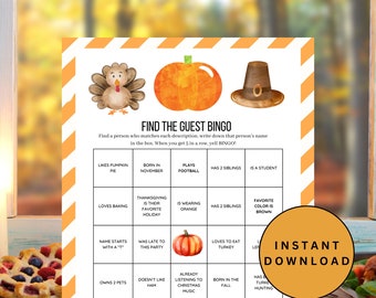May include: A Thanksgiving-themed bingo card with a pumpkin, a turkey, and a pilgrim hat. The card has squares with various prompts like "Loves to eat turkey" and "Has brown eyes".
