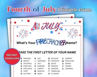 Fourth of July What&#39;s your firecracker name Game, Printable Family Game, Patriotic Party Game for Kids & Adult, July 4th Activity Printable