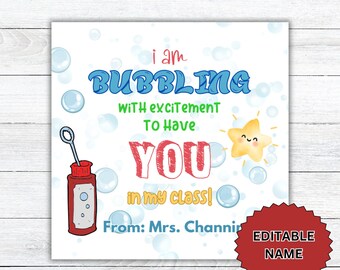 Editable Back to School Gift Tag, Bubbling with Excitement Student gift, Teacher gift, First Day Amazing Year Printable, First day of school