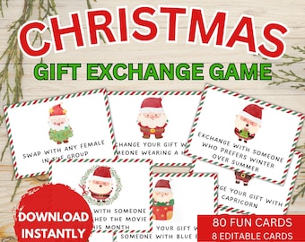 May include: A set of 80 printable Christmas gift exchange game cards with Santa Claus illustrations. The cards feature instructions for a fun and festive gift exchange game. The text on the cards includes phrases like "Swap with any female in the group" and "Change your gift with someone wearing a hat".