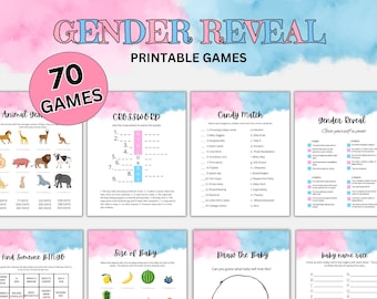 May include: A set of printable gender reveal party games. The games include "Animal Gestation", "Crossword", "Candy Match", "Gender Reveal", "Find Someone Bingo", "Size of Baby", "Draw the Baby", and "Baby Name Race".