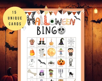 May include: A printable Halloween Bingo card with 15 unique squares featuring various Halloween icons, including a witch's hat, a spider web, a pumpkin, a ghost, a bat, a zombie, a cauldron, a candy corn, a mummy, a moon, a scarecrow, a vampire, a cupcake, a bone, a tombstone, a haunted house, an owl, a broom, a black cat, and a candle. The card is decorated with a banner of orange, black, and white triangles.