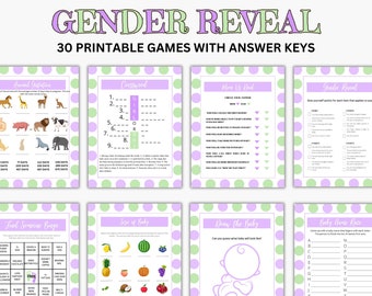 May include: A set of printable gender reveal party games with a green and purple polka dot background. The games include a crossword puzzle, a "more vs. less" game, a "guess the animal gestation" game, a "find someone bingo" game, a "size of baby" game, a "draw the baby" game, a "gender reveal" game, and a "baby name race" game.