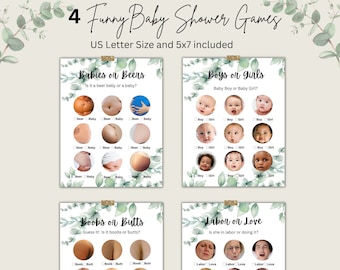 Paquete de 4 divertidos juegos de baby shower de eucalipto, paquete de juegos de baby shower de tetas o colillas, juegos de cerveza o bebé, niña o niño, trabajo o amor PDF EUC0123