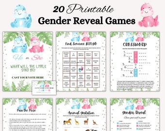 20 Gender Reveal Games Pink and Blue DINOSAURS perfect for Reveal party or baby shower, Gender reveal, Baby Shower Games Activities