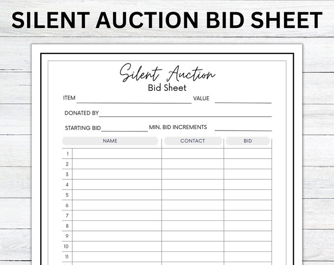 Printable Silent Auction Bid Sheet, Charity Fundraiser, School Fundraiser, Fall Silent Auction ...