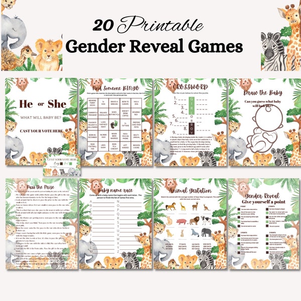 20 Gender Reveal Games SAFARI THEME perfect for Reveal party or baby shower, Gender reveal, Baby Shower Games Activities