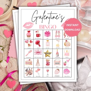 Druckbare 30 Galentines Bingo-Tagesspiel, Galentines Spielaktivität, Spiele für Erwachsene und Kinder, Valentinstag, Valentinstag, Valentinstag, Virtuelle Partyspiele