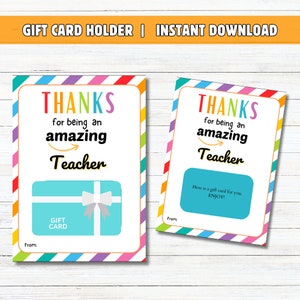 Tarjetero imprimible de agradecimiento para maestros, tarjeta de regalo para maestros, agradecimiento para maestros, regalo de fin de año para maestros, cumpleaños y festividades.