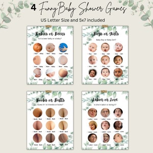 May include: Four printable baby shower game cards with a green leafy background. The games are "Babies on Beens", "Boys on Girls", "Boobs or Butts", and "Labor on Love".