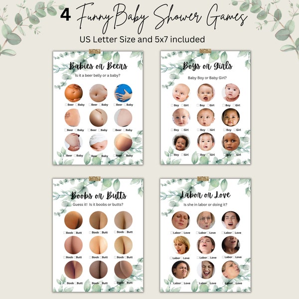 4 Funny Eucalyptus Baby Shower Game Bundle, Boobs or Butts Baby Shower Game Pack, Beer or Baby Games, girl or boy, labor or love PDF EUC0123