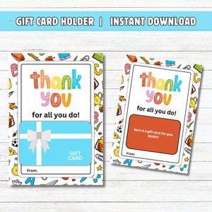 Tarjetero imprimible de agradecimiento para maestros, tarjeta de regalo para maestros, agradecimiento para maestros, regalo de fin de año para maestros, cumpleaños y festividades.