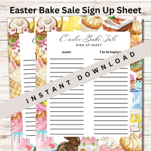 Könnte beinhalten: Druckbarer Anmeldezettel für einen Oster-Backverkauf mit einem Aquarellhintergrund mit Hasen, Cupcakes und anderen Osterleckereien. Das Blatt hat zwei Spalten, eine für den Namen und eine für das, was die Person mitbringt.