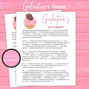 May include: A printable game for Galentine's Day, featuring a pink cupcake with a chocolate strawberry on top. The game is called "Left Right" and includes instructions for a fun Valentine's Day gift-giving scenario.