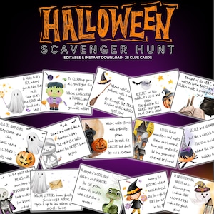 Caça ao tesouro de Halloween editável, dicas de caça ao tesouro, enigmas do tesouro para crianças, caça ao tesouro de Halloween para impressão em ambientes internos e externos