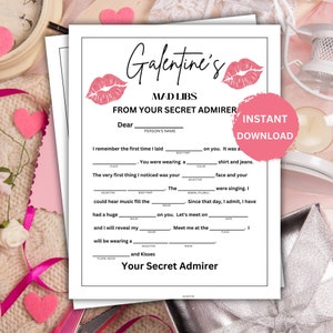 May include: A printable Galentine's Day Mad Libs game with a pink heart design. The game is titled "From Your Secret Admirer".
