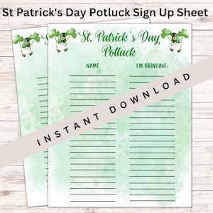 St Patrick's Day Potluck Sign Up sheet, holiday potluck sheet, church potluck, valentine dinner, holiday dinner, printable sign up sheet,