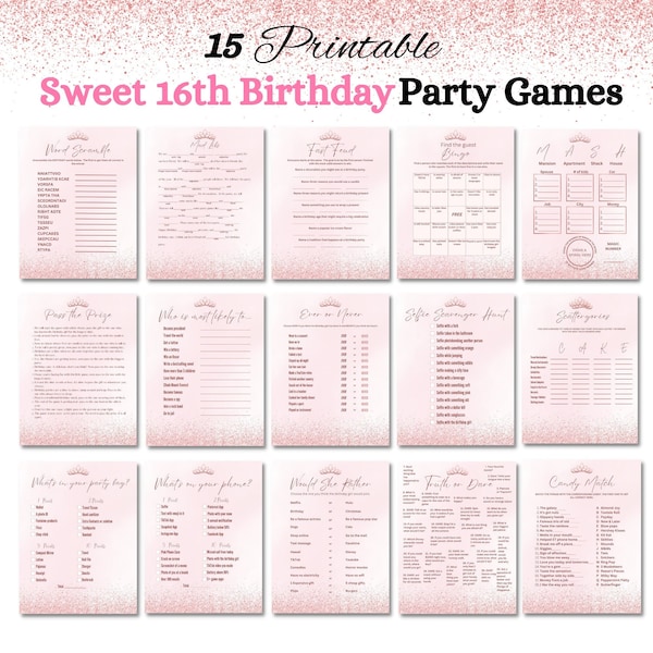 Sweet 16th Birthday Game Bundle, Party Activities, Rose Gold Birthday party games Her, teen party games, Girl games Virtual Party Games