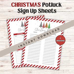 Może przedstawiać: Dwa drukowane arkusze do zapisywania się na potlucka bożonarodzeniowego z czerwono-białym paskowanym tłem. Arkusze zawierają linię na nazwiska i to, co przyniosą. Górna część arkusza zawiera grafikę choinek z różnymi wzorami.