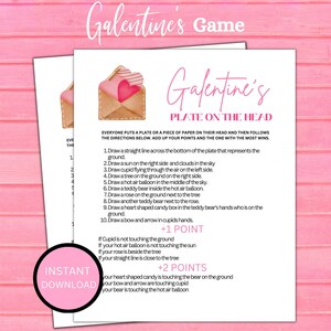 May include: A printable Galentine's Day game with instructions to draw a scene on a plate and score points based on the placement of the drawings. The game includes a pink and white heart envelope with a pink heart inside.