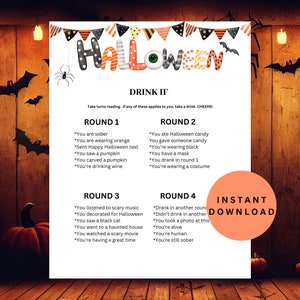 Op de afbeelding: Een printbaar Halloween-drinkspel met vier rondes aan prompts. Het spel instrueert spelers om een ​​drankje te nemen als een van de prompts op hen van toepassing is. Het spel is getiteld "Drink If" en heeft een grote oogafbeelding met het woord "Halloween" in oranje, zwart en witte letters.