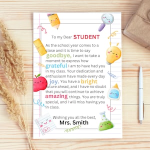 Carta editable de fin de año escolar del maestro, regalo del último día de clases, regalo de estudiante del maestro, tarjeta de estudiante de maestro, regalo de fin de año