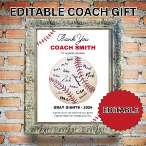 EDITABLE Regalo di apprezzamento per allenatore di baseball stampabile, Regalo di squadra stampabile, Biglietto di ringraziamento per allenatore di baseball, Segno di baseball, Premio di baseball