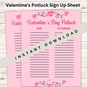Puede incluir: Una hoja de inscripción imprimible rosa para un potluck de San Valentín. La hoja de inscripción tiene un título que dice "Potluck de San Valentín" y tiene dos columnas etiquetadas "Nombre" y "Traigo:".