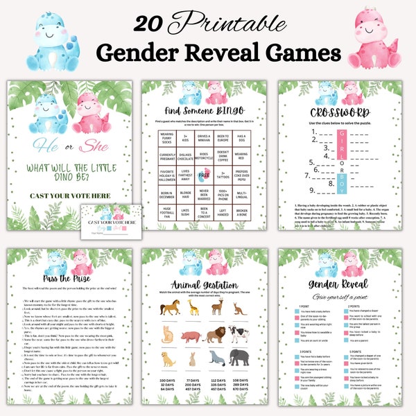 20 Gender Reveal Games Pink and Blue DINOSAURS perfect for Reveal party or baby shower, Gender reveal, Baby Shower Games Activities