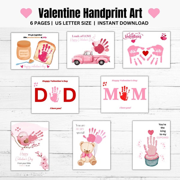 Valentine Handprint Craft Printable Bundle, Valentine Preschool Craft, Valentines Kids Craft Homeschool Paint Activity, Art des vacances pour les tout-petits