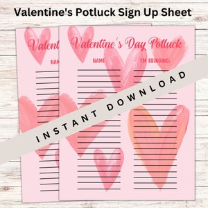 Hoja de registro de Valentine Potluck, hoja de comida compartida navideña, comida compartida de la iglesia, cena de San Valentín, cena navideña, hoja de registro imprimible,