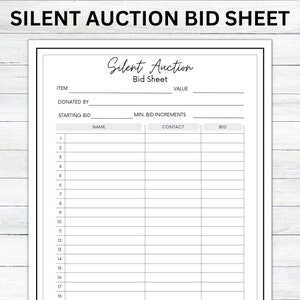 Editable Silent Auction Bid Sheet, Silent Auction Sign up sheet, Fundraiser sheet, Silent auction bidding sheet, Printable Sign up sheet