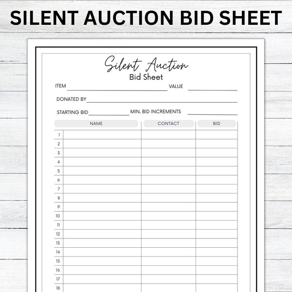 Editable Silent Auction Bid Sheet, Silent Auction Sign up sheet, Fundraiser sheet, Silent auction bidding sheet, Printable Sign up sheet