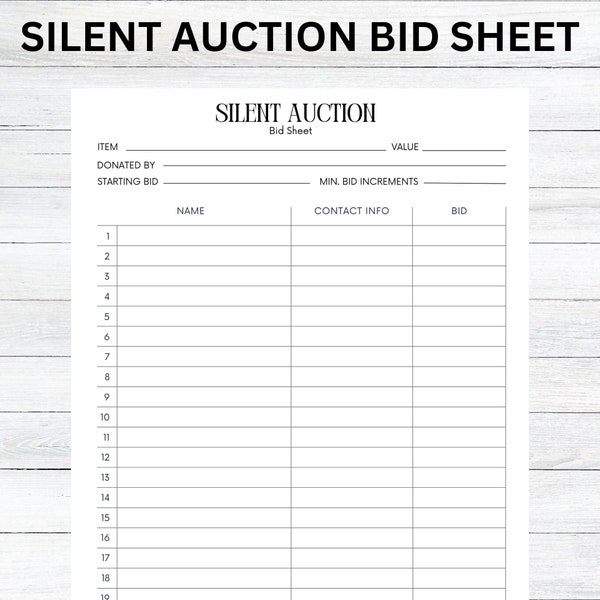 Silent Auction Bid Sheet, Silent Auction Sign up sheet, Fundraiser sheet, Silent auction template bidding sheet, Printable Sign up sheet