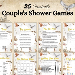 May include: A set of 25 printable Harry Potter themed games for a couple's shower. The games include Movie Trivia, Top Answers, Pass the Prize, Ever of Never, Name that Wedding Song, Find Someone Bingo, Wedding Shoe Game, and Emoji Scattergories.