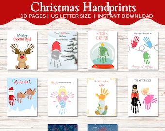 May include: Ten printable Christmas handprint cards featuring various holiday themes, including a snowman, a reindeer, a Christmas tree, an angel, and a nutcracker. Each card includes a space for handprints and a festive message.
