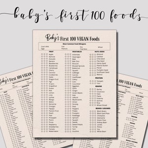 Los primeros 100 alimentos VEGANOS del bebé para alimentar a su bebé antes de 1 año y retirarlo del biberón. Lista de alimentos veganos para bebés. PDF imprimible al instante