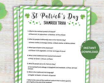 Druckbares St Patrick's Day Kleeblatt-Trivia-Spiel, St Paddy's Day Spielaktivität, St Patty's Erwachsenen- und Kinderspiele, St Patrick's Day Partyspiele