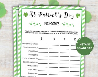 Printable St Patrick's Day Irish-Gories Game, St Paddy's Day Game Activity, St Patty's Day Adult & kids game, St Patricks Day Party Games